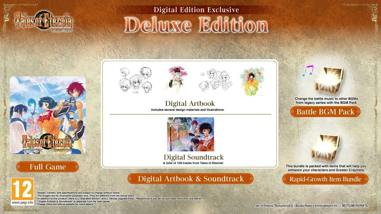 Official Deluxe Edition contents diagram showing the full game, Digital Artbook and Soundtrack, Battle BGM Pack and growth item bundle