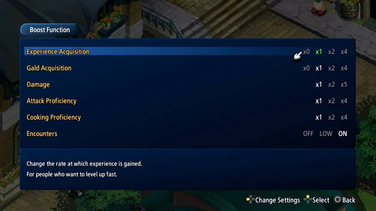 Official Boost Function screen listing experience, gald, damage and proficiency multipliers beside the encounter setting