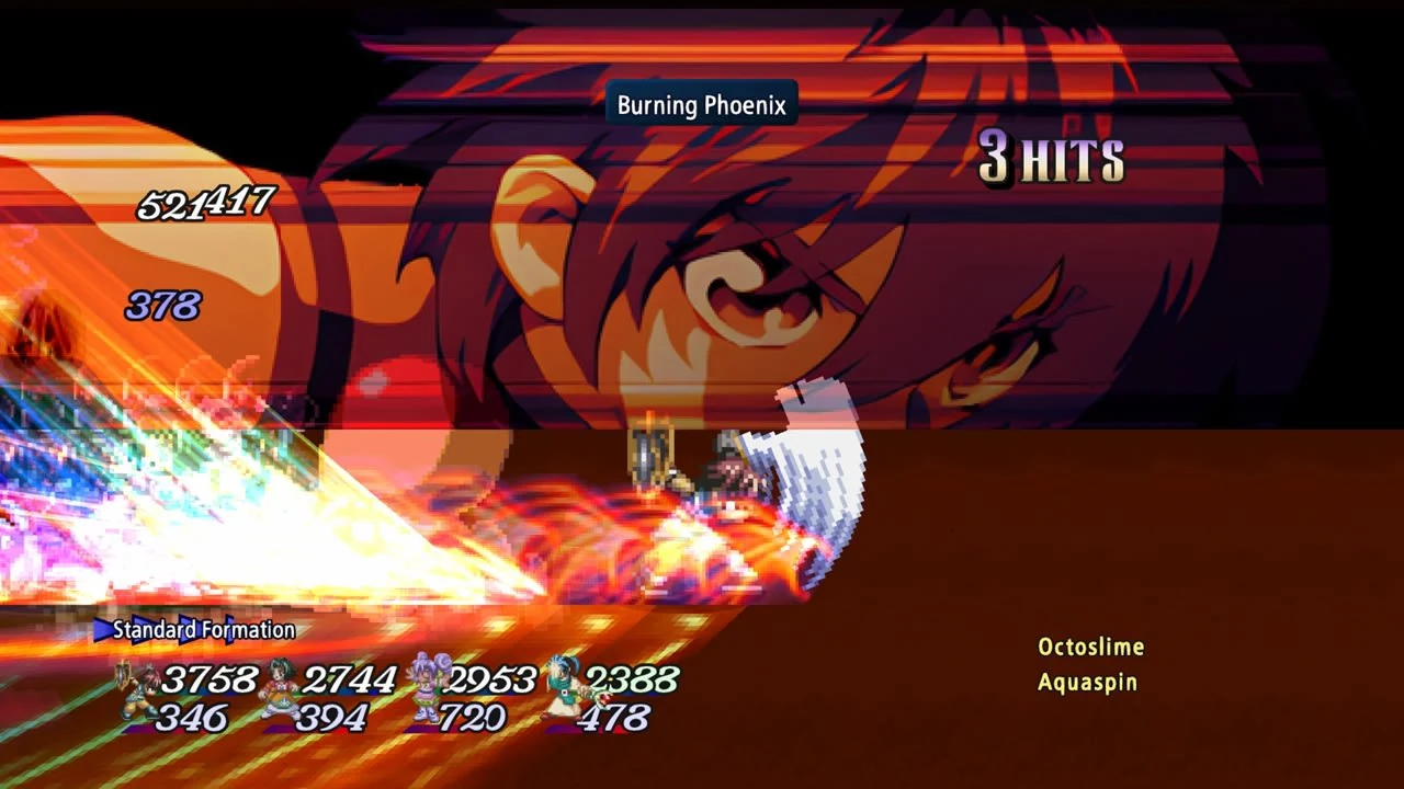 Burning Phoenix artes hitting an Octoslime in a Tales of Eternia Remastered battle