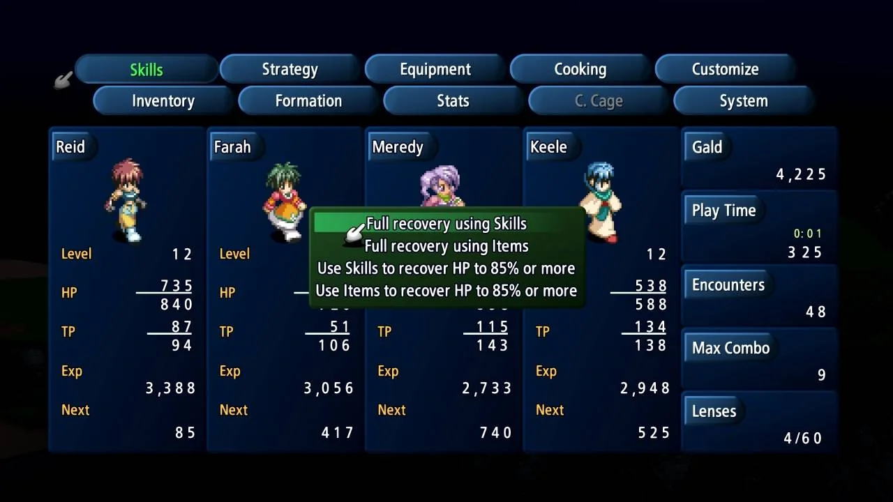 Quick Recovery screen in the remaster, restoring party HP and status conditions together