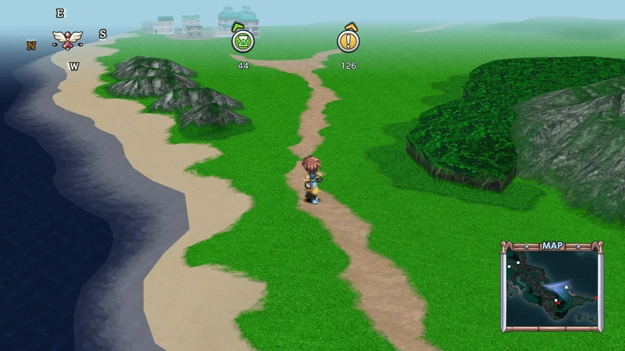 Coastal Eternia overworld with the map panel open and travel markers on the road