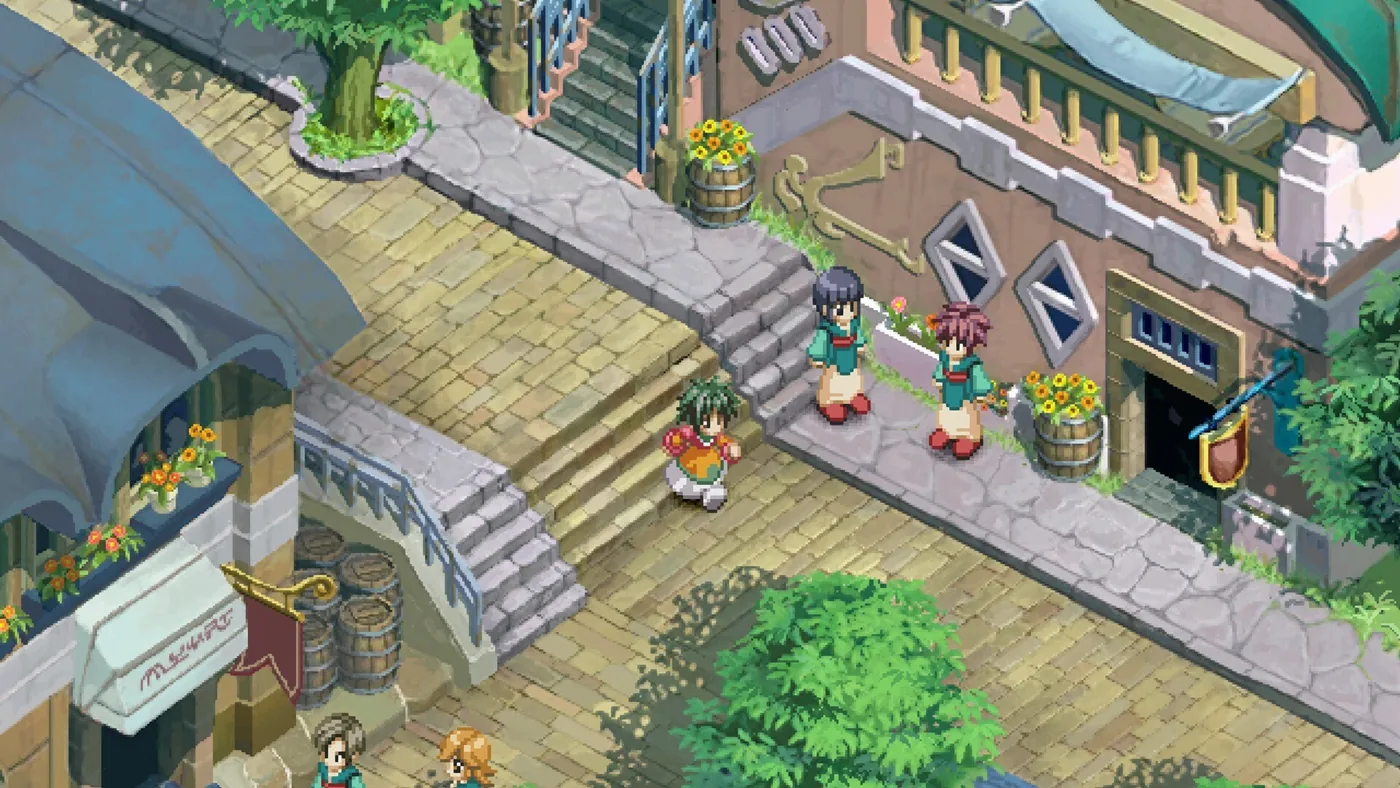 Harbour town street with stone steps, shop awnings and flower barrels